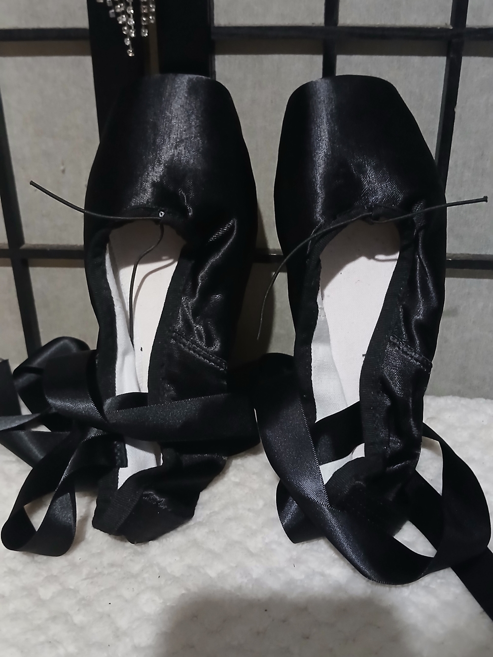 Black Satin Pointe Ballet Heels with Ankle Wraps - Picture 3 of 9